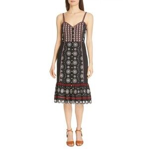 Veronica Beard $800 Women's Beaded Embroidered Linen Dress - Red / Black - 2 US